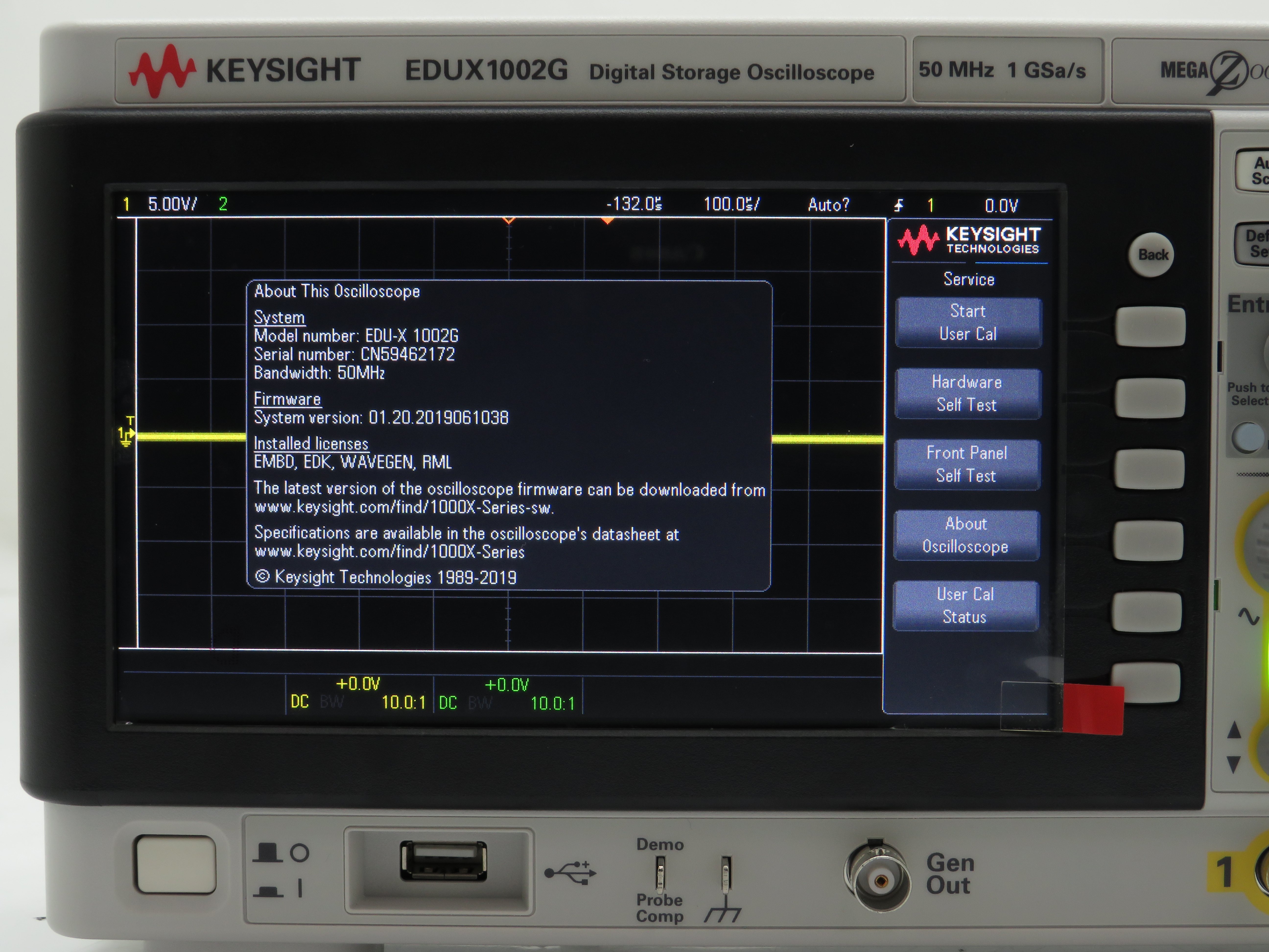 Keysight EDUX1002G InfiniiVision 1000 X-Series Oscilloscope / WaveGen / 50 MHz / 1 GSa/s / 2 Channels